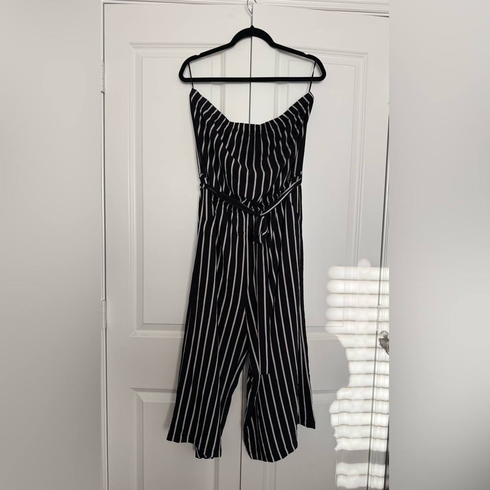 Black and White Striped Strapless Jumpsuit